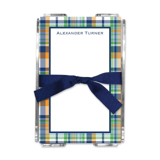 Navy and Orange Madras Plaid Memo Sheets in Holder